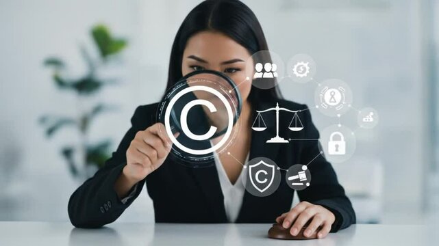 Woman in blazer examining wallet with magnifying glass and copyright symbols in the background