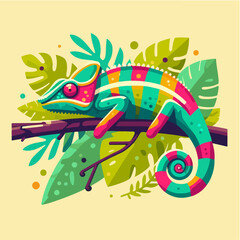 Vector illustration of a colorful chameleon on a branch, flat design, clean lines, minimal shadows, tropical background