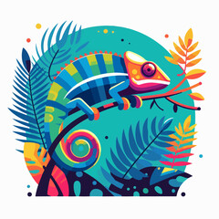 Obraz premium Vector illustration of a colorful chameleon on a branch, flat design, clean lines, minimal shadows, tropical background