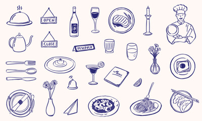 restaurant doodle icon ketch hand drawn illustration collection set - whimsical style