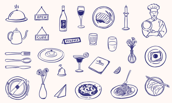 restaurant doodle icon ketch hand drawn illustration collection set - whimsical style