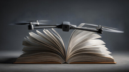 A modern drone hovering over an open book, illustrating the fusion of technology with traditional education and knowledge.