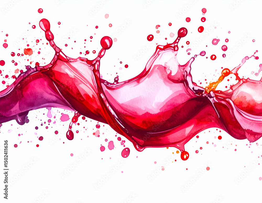 Poster dynamic splash of vibrant pink and red liquid, creating an abstract, flowing design with scattered d