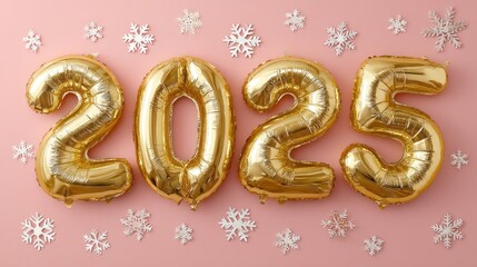 Gold balloons spell out 2025, festive backdrop with snowflakes