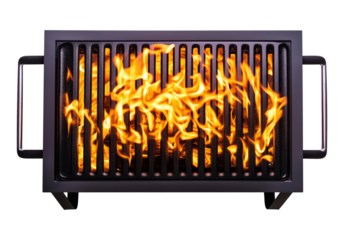 Barbecue grill with orange flames rising through metal grate, isolated on transparent background