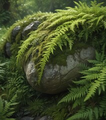 Moss-covered stone with delicate ferns, close-up ,  tranquil,  spring,  damp