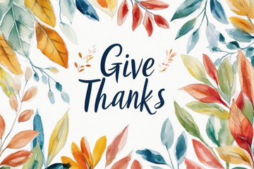 Give thanks text with watercolor leaves isolated on white background