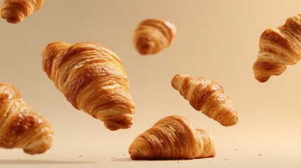 Delicious croissants in mid-air, golden brown and crispy