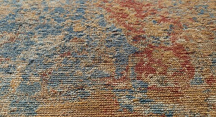 Detailed CloseUp of a Textured Rug with Blue Red and Beige Patterning