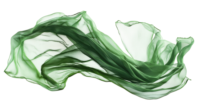Green Crumpled and Ragged Nylon Piece Flying Isolated on Transparent Background – Fabric Motion and Textile Fragment Concept