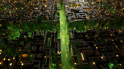 Abstract digital city or circuit board with glowing green data streams flowing through its pathways