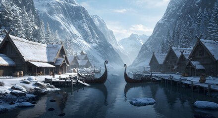 Viking Village in Winter Landscape with Wooden Buildings and Longboats