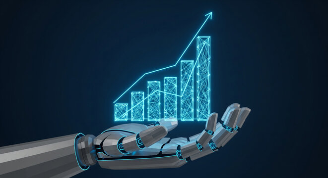 Futuristic robotic hand displaying a digital growing business profit and financial growth chart