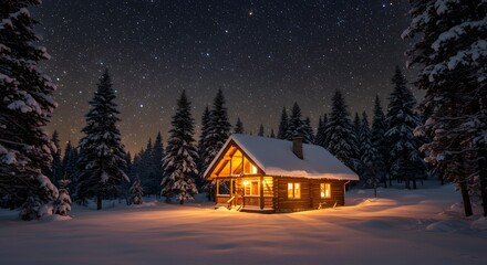 Winter Cabin in Snowy Forest Under Starry Night