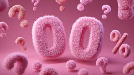 Fototapeta premium Fluffy pink zero percent surrounded by question marks and percentages