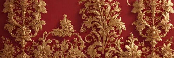 Intricate gold floral damask on deep crimson background, flowers, texture, acanthus