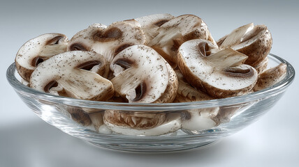 Freshly sliced mushrooms in transparent glass bowl, ready for cooking