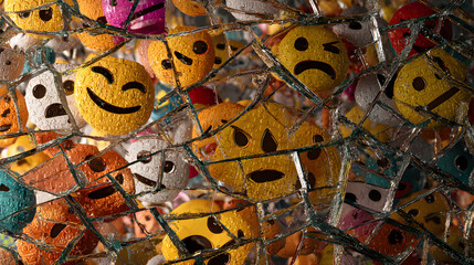 A mosaic of various expressive emojis behind cracked glass, symbolizing broken emotions and communication barriers