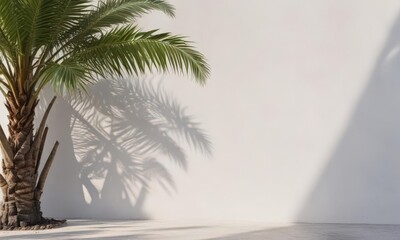 Deep shadow of lush palm tree, textured white wall background, vibrant tropical feel,  vacation,  plant