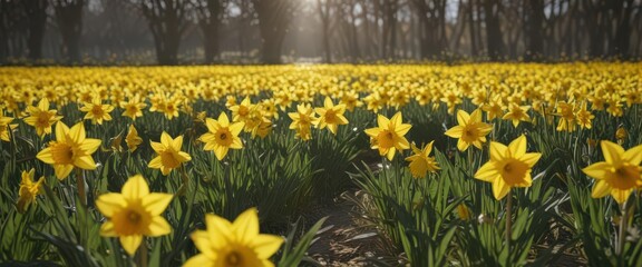 Sunlit field of vibrant yellow daffodils in full bloom, petals glistening , flora, fresh