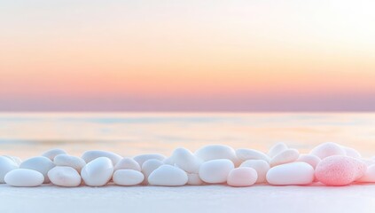 Soft-toned sunset over the ocean, with a line of white pebbles
