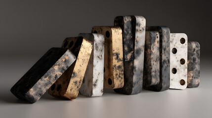 Luxurious textured dominoes in an abstract falling sequence, symbolizing a chain reaction and interconnectedness. Elegant visual representation of cause and effect dynamics in a dynamic art piece