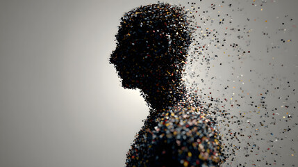 Abstract representation of a human silhouette dissolving into countless small particles, symbolizing decomposition, loss, or transformation
