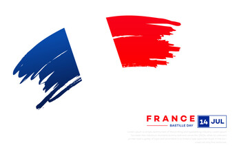 Obraz premium Vector illustration of France Bastille Day on July 14. Features an artistic brush stroke French flag on a white background. Concept for a holiday poster or card.