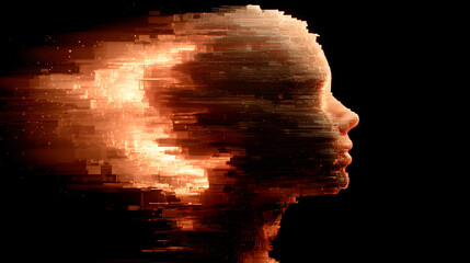 Abstract digital art rendering of a human profile dissolving into pixelated squares against a dark background