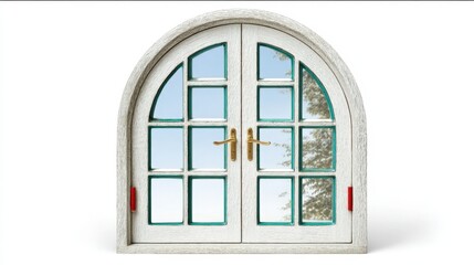 Decorative arched window with wooden frame and glass panes. Generative AI
