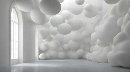 Ethereal white spheres and soft, cloud-like structures gracefully fill a minimalist architectural interior, creating an abstract, serene dreamscape with diffused light