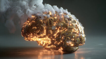 Concept illustration of a futuristic, glowing, burning brain with smoke billowing out, representing burnout or overload