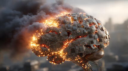 Striking visualization of a futuristic, glowing neural network, ablaze with energy and smoke, representing extreme cognitive strain, AI overload, or a digital mental breakdown