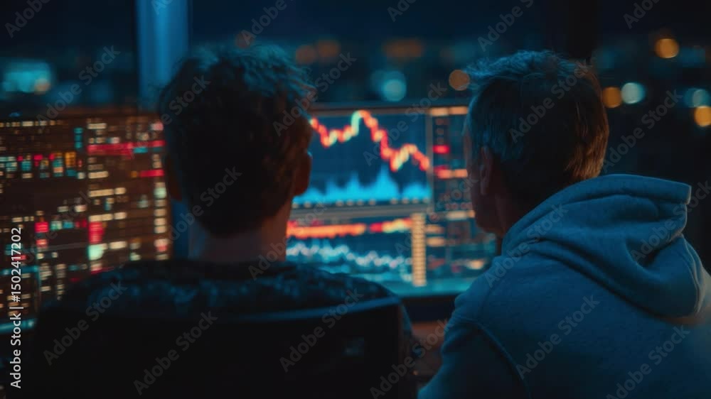 Poster navigating the market: two individuals intently analyze real-time market data, focusing on fluctuati