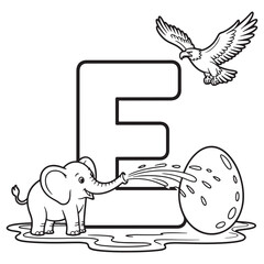 Letter E Alphabet Coloring Page with Elephant, Egg and Eagle