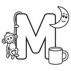 Letter M Alphabet Coloring Page with Monkey, Moon and Mug