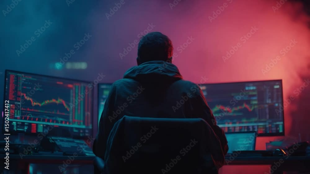 Poster digital analyst at the helm: a hooded figure intently monitors financial data displayed on multiple 