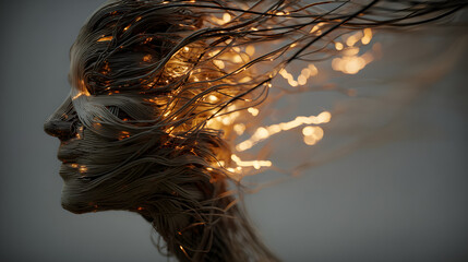 Ethereal female profile merging with luminous, branching light, an artistic representation of inner consciousness, energy flow, and spiritual awakening