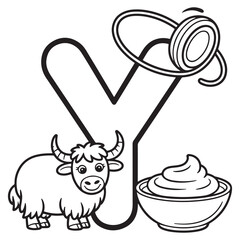 Letter Y Alphabet Coloring Page with Yak, Yo-Yo and Yogurt