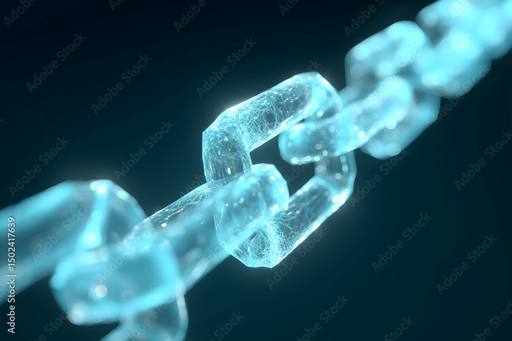 Poster a close-up of a glowing digital chain link, symbolizing blockchain technology and secure connections