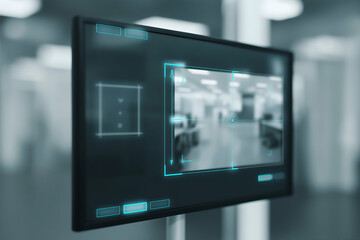 A digital touchscreen interface displays a futuristic user interface with focus marks, set in a modern, blurred office environment.