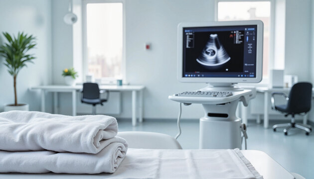 Medical examination room with ultrasound machine and prepared linens  