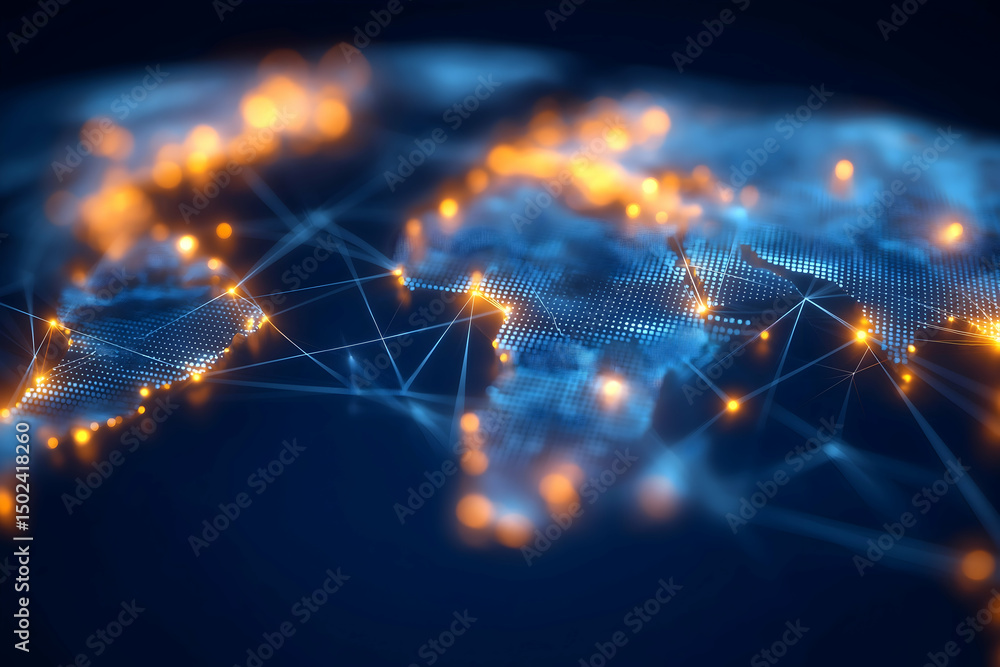 Aufkleber a glowing digital map of the world with illuminated connection points and network lines, symbolizing