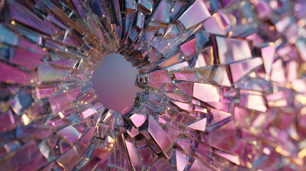 A close-up view of shimmering, fractured glass reflecting iridescent colors with a bokeh effect in the background