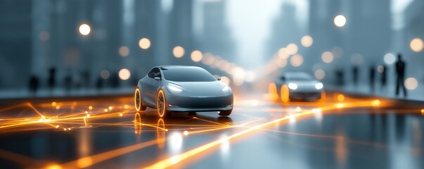 Self - driving cars on urban road with digital effects