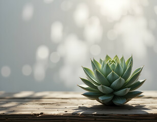 Close-up of Green Succulent Plant on Wooden Surface with Bokeh Background