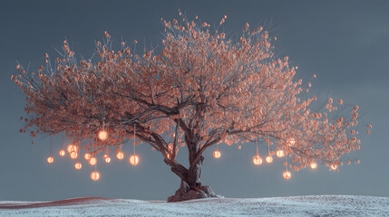 Enchanting solitary tree adorned with luminous hanging orbs, casting a warm glow across a serene, frost-kissed winter landscape under a muted twilight