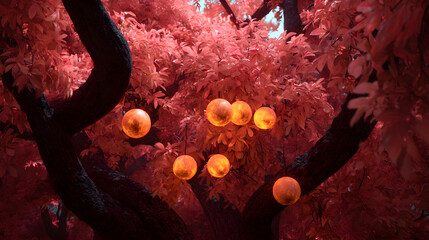 Magical glowing orbs suspended in branches of a vibrant pink tree, creating an enchanting scene