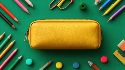 Colorful stationery items arranged around a yellow pencil case on a green background