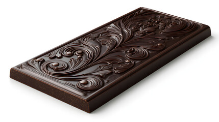 Artisan dark chocolate bar featuring a beautifully sculpted and ornate design, highlighting its rich, gourmet quality and sophisticated aesthetic